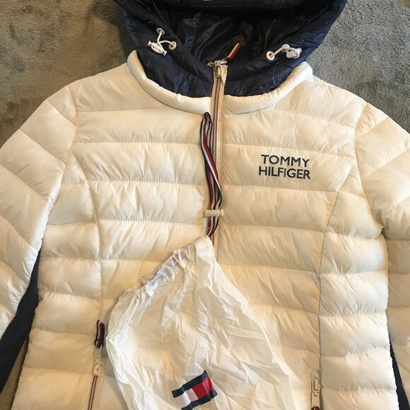 Tommy Hilfiger packable puffer jacket hood white/blue women S preppy coastal Y2K - Picture 1 of 9